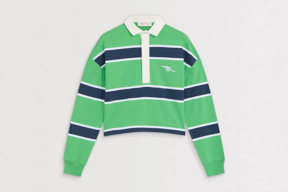 Arsenal Womens Essentials Green Striped Long Sleeved Rugby Polo Shirt