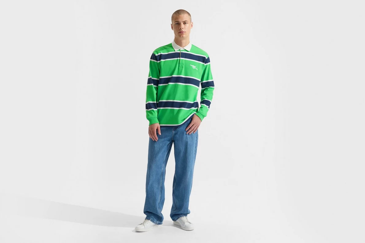 Arsenal Essentials Green Striped Long Sleeved Rugby Polo Shirt