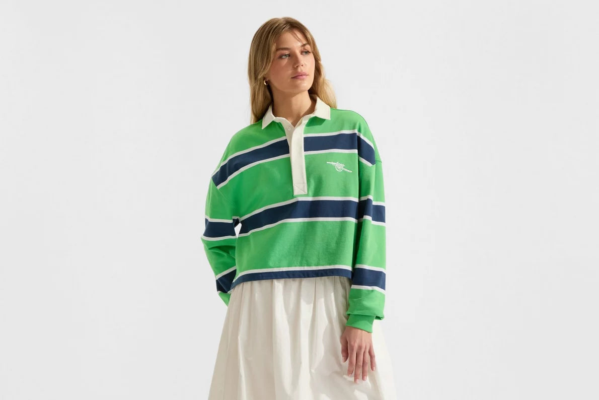 Arsenal Womens Essentials Green Striped Long Sleeved Rugby Polo Shirt