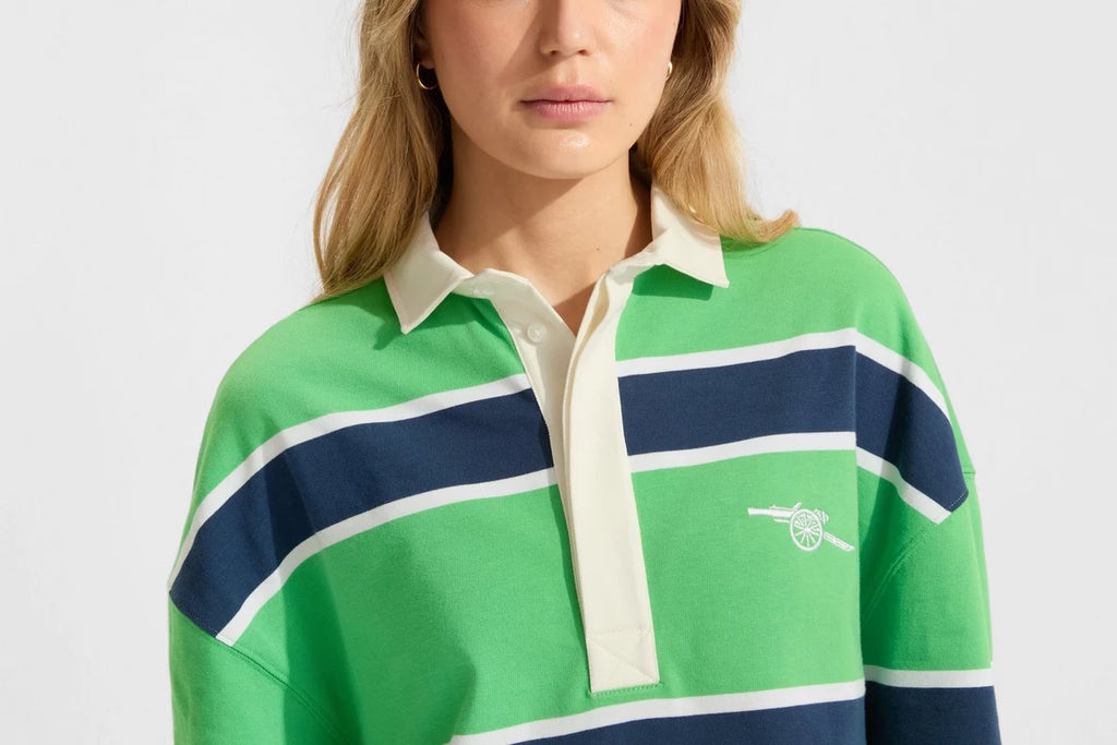Arsenal Womens Essentials Green Striped Long Sleeved Rugby Polo Shirt