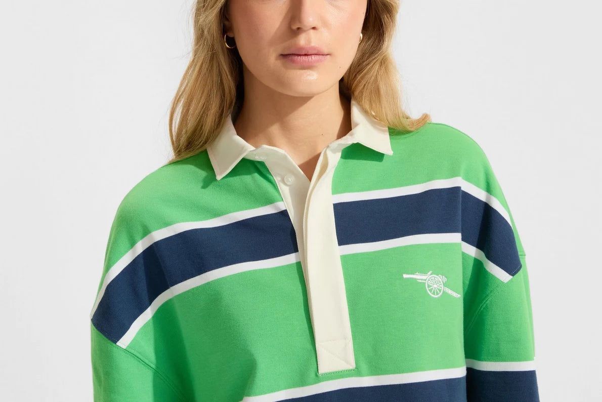 Arsenal Womens Essentials Green Striped Long Sleeved Rugby Polo Shirt