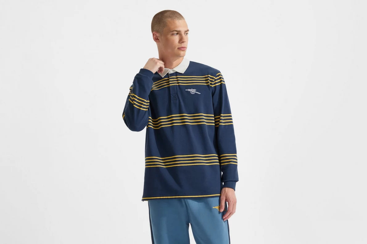 Arsenal Essentials Navy Striped Long Sleeved Rugby Polo Shirt