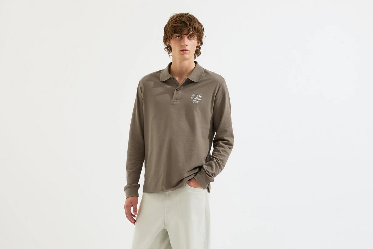 Arsenal Essentials Brown Split Long Sleeved Polo Shirt