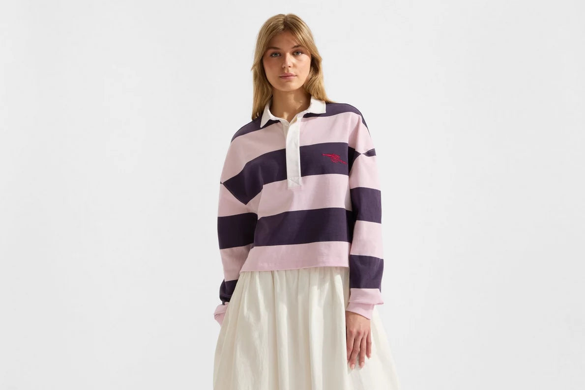 Arsenal Womens Essentials Pink Striped Long Sleeved Rugby Polo Shirt
