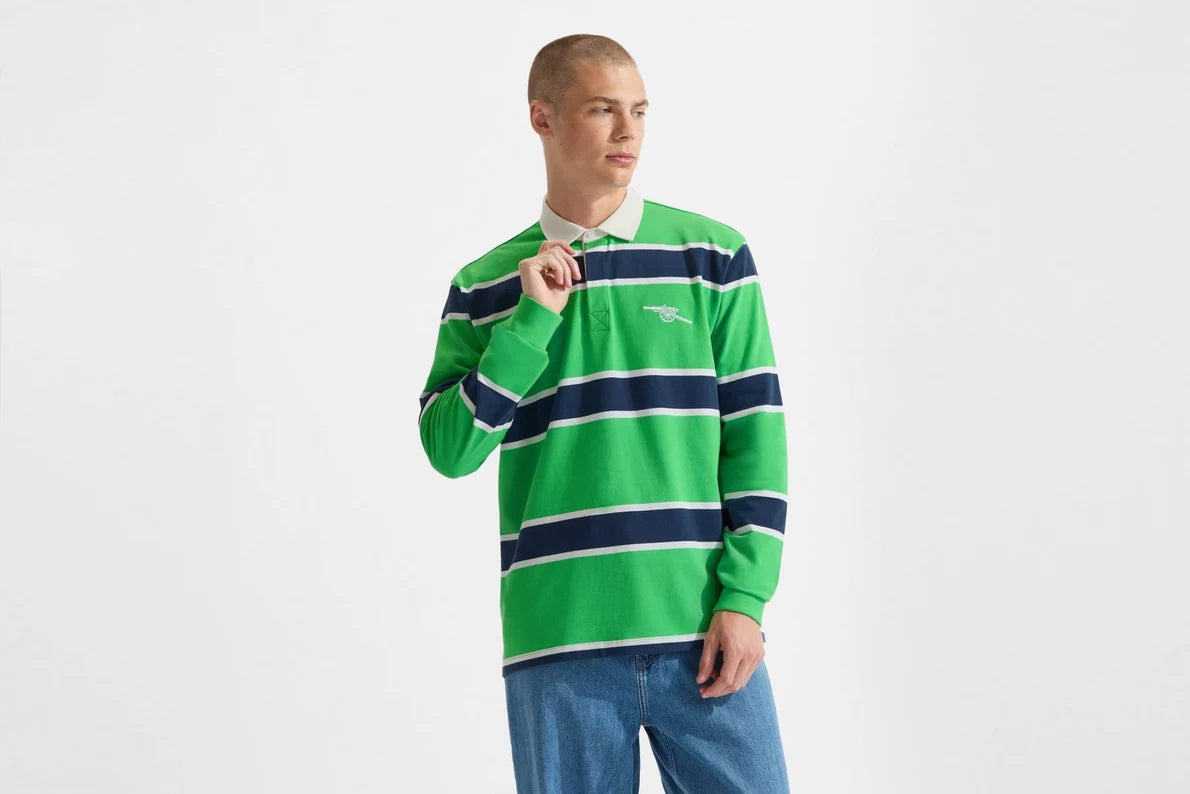 Arsenal Essentials Green Striped Long Sleeved Rugby Polo Shirt