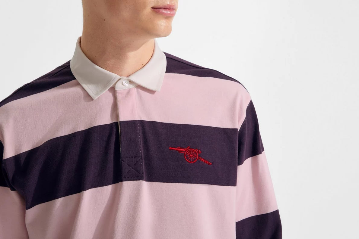 Arsenal Essentials Pink Striped Long Sleeved Rugby Polo Shirt